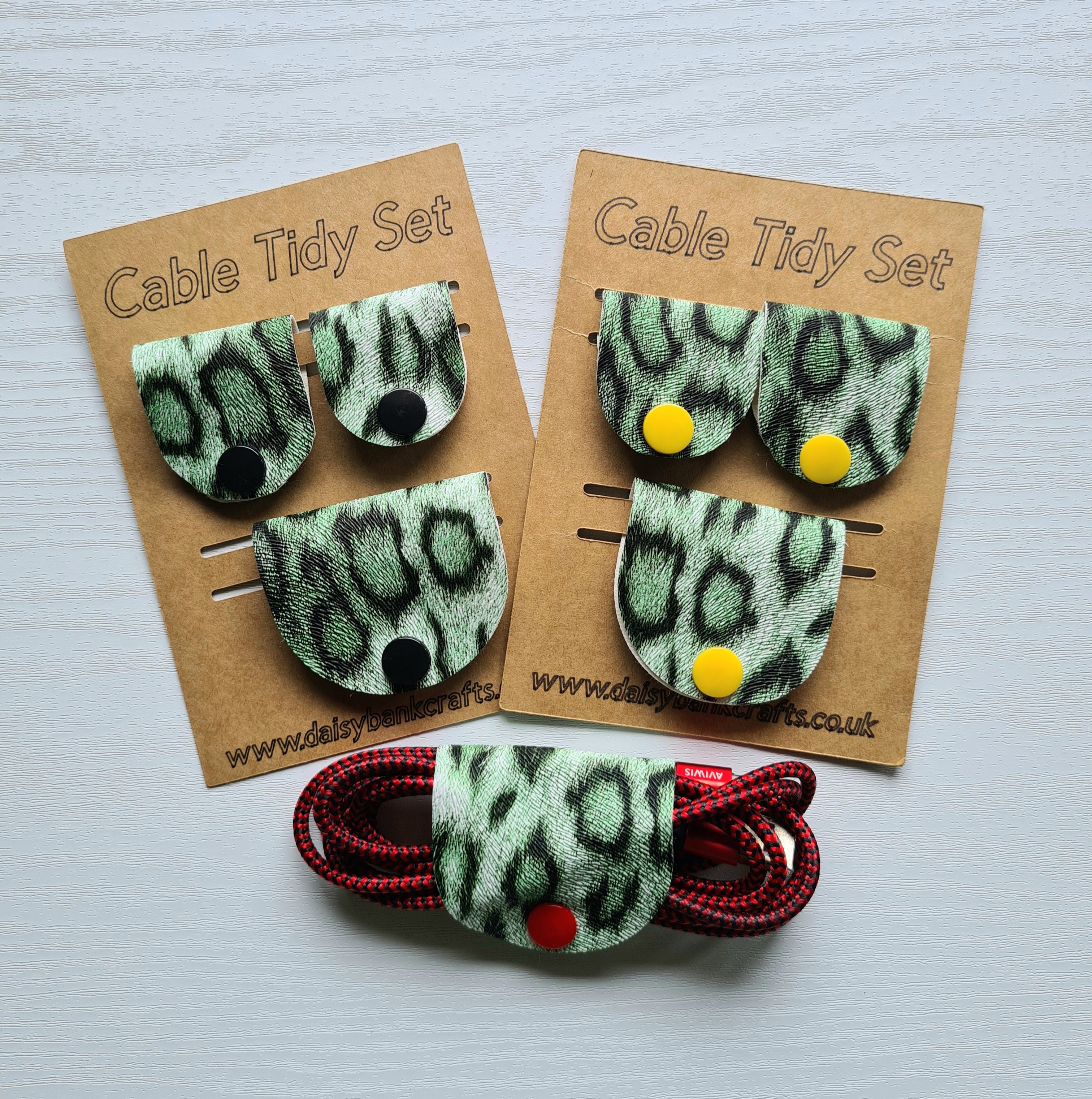 Green Leopard Print Cable Tidy Set / Cable Keeper / Cord Wrap Faux Leather
