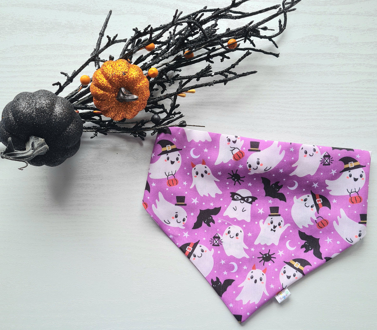 Purple Ghosts Halloween Dog & Cat Bandana – Spooky Handmade Scrunchie Pet Accessory