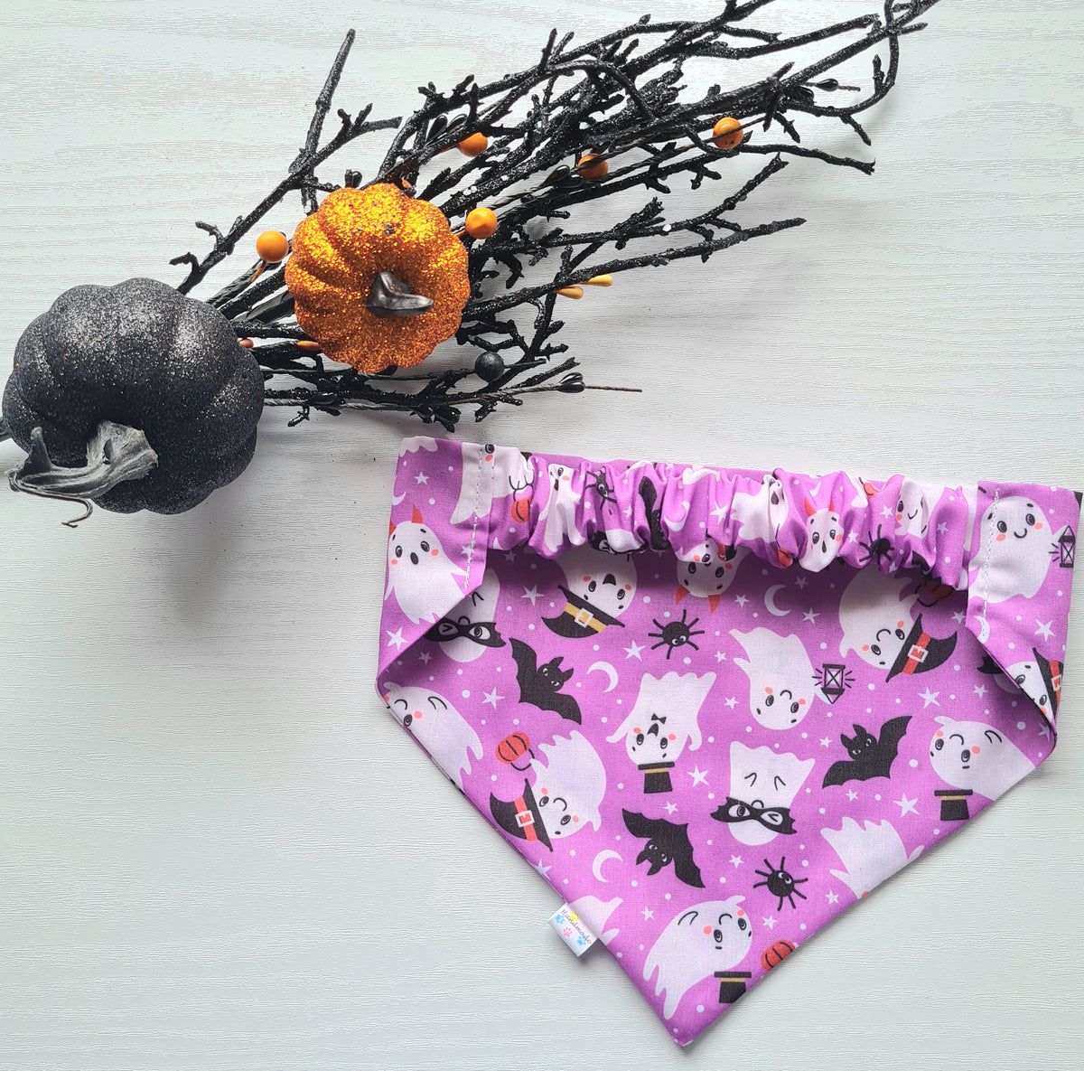 Purple Ghosts Halloween Dog & Cat Bandana – Spooky Handmade Scrunchie Pet Accessory