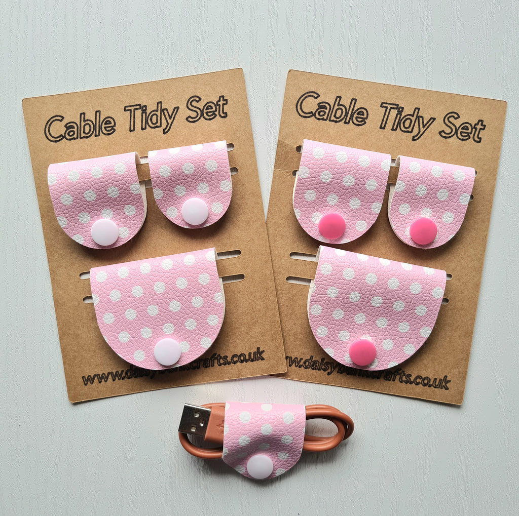 Pink Polka Dot Cable Tidy Set / Cable Keeper / Cord Wrap Faux Leather