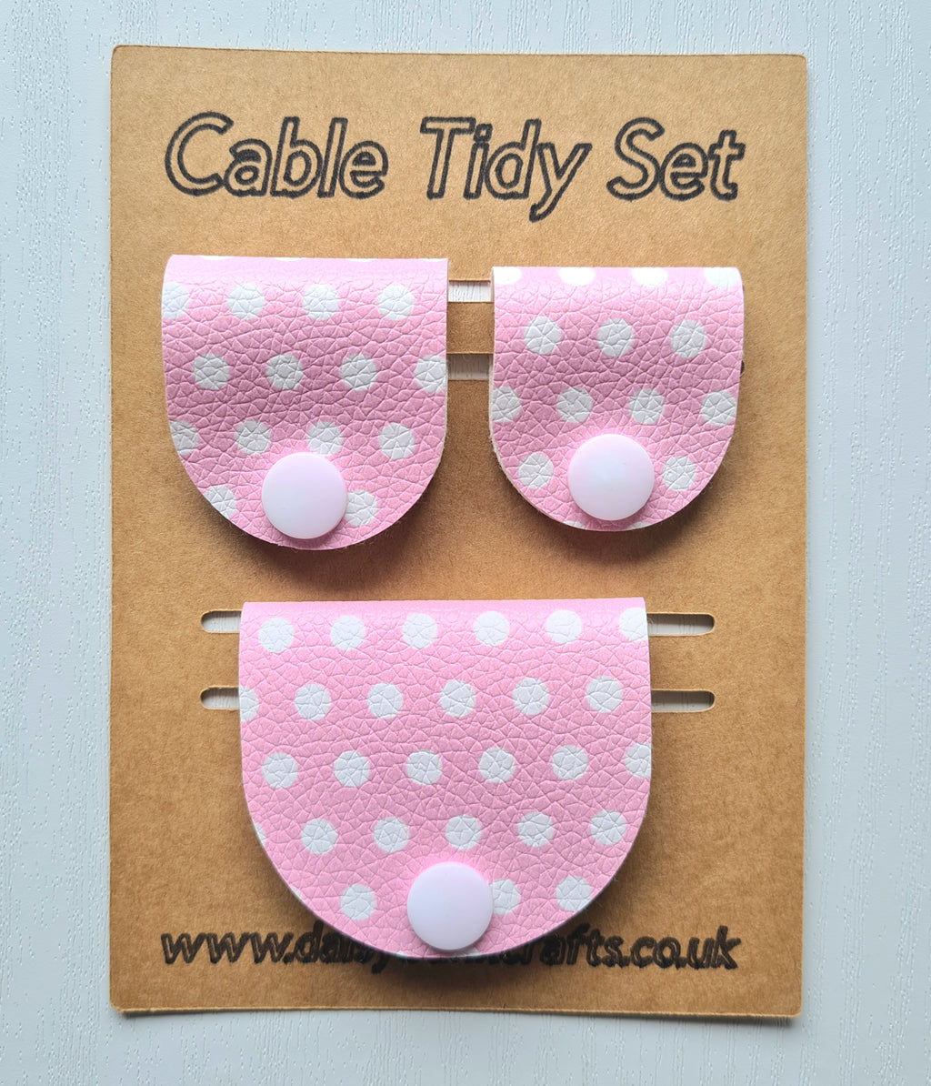 Pink Polka Dot Cable Tidy Set / Cable Keeper / Cord Wrap Faux Leather