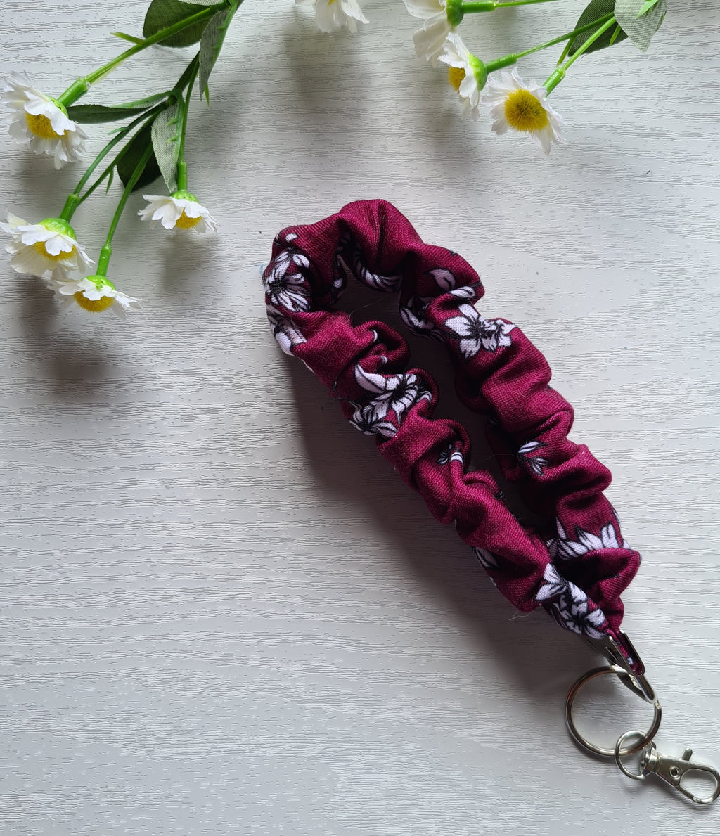 Scrunchie Wristlet Keychain in a Rich Maroon Flower Pattern