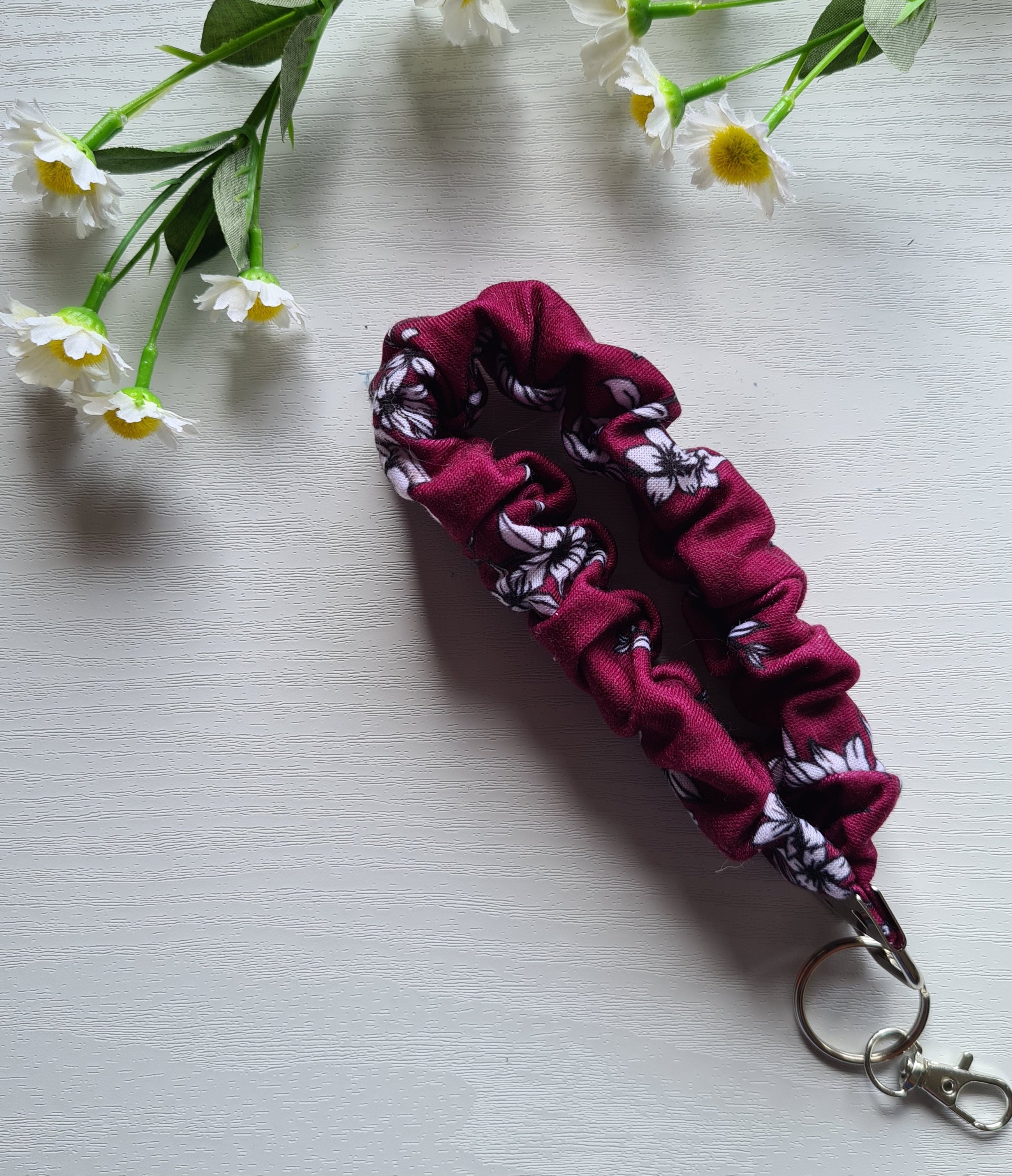 Scrunchie Wristlet Keychain in a Rich Maroon Flower Pattern