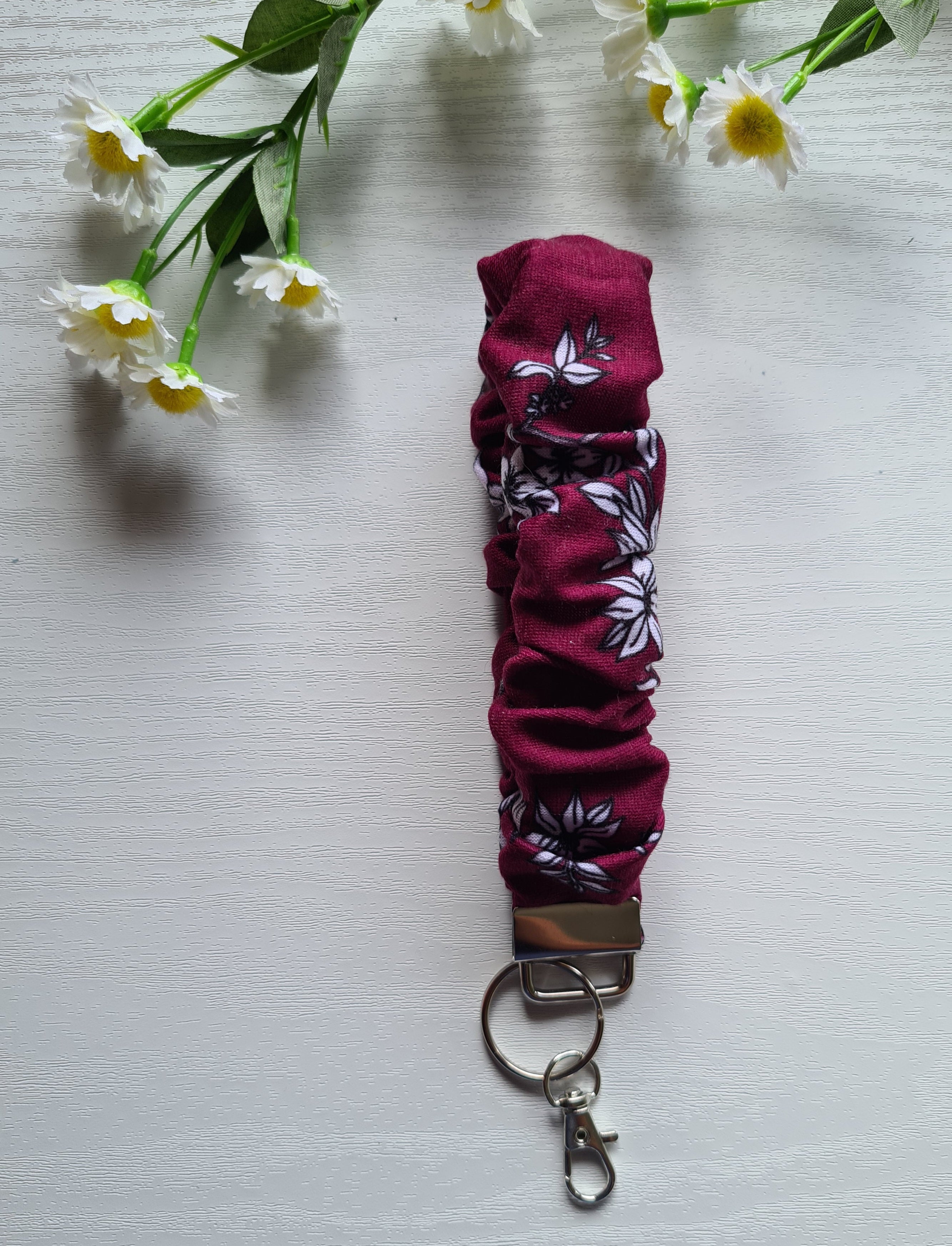 Scrunchie Wristlet Keychain in a Rich Maroon Flower Pattern