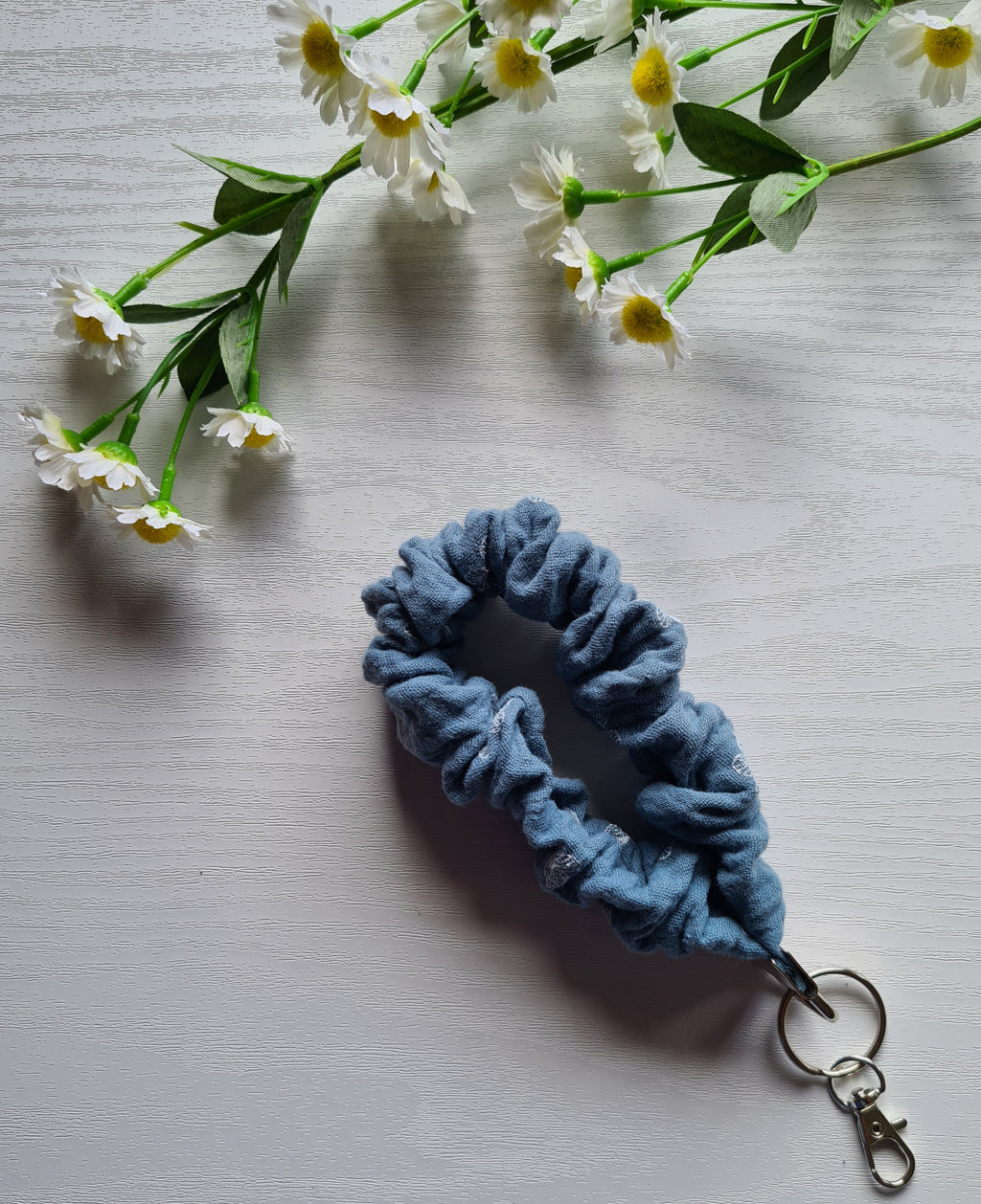 Scrunchie Wristlet Keychain in Dusky Blue with Small Butterflies