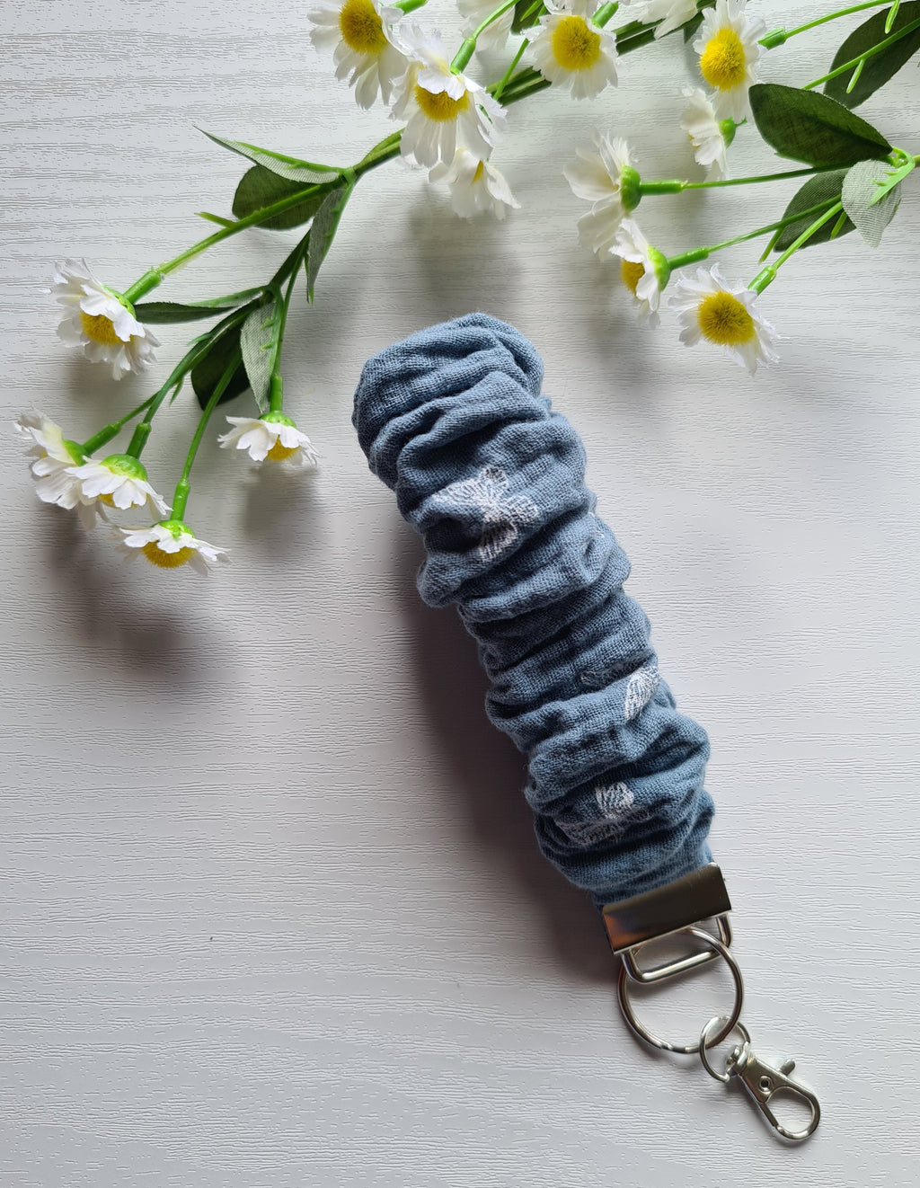 Scrunchie Wristlet Keychain in Dusky Blue with Small Butterflies